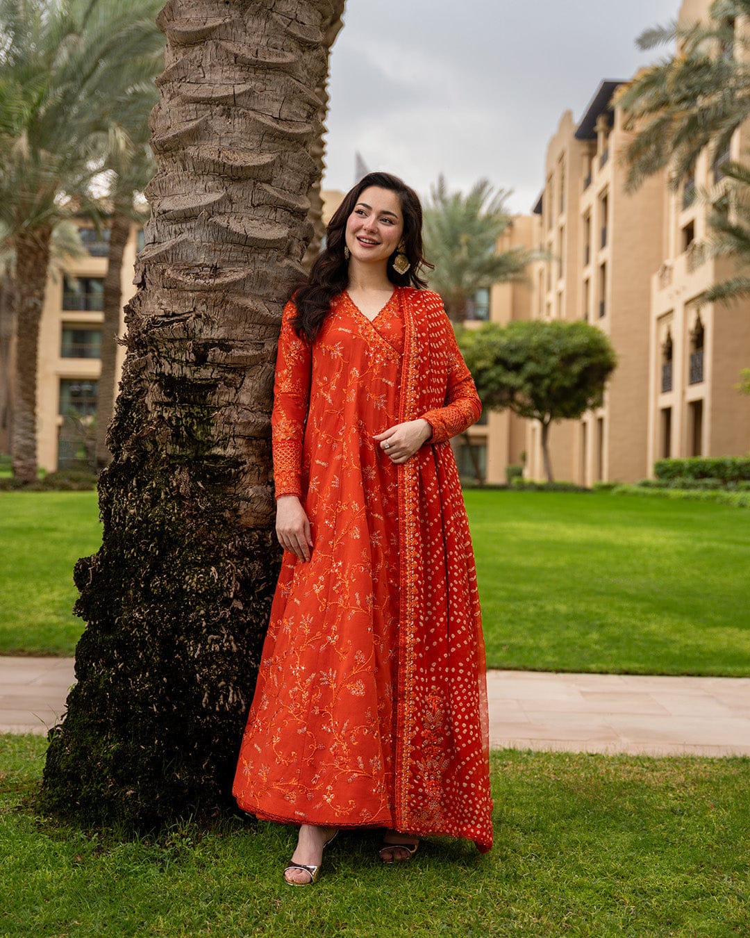 FAIZA SAQLAIN-FROCK 3PC LAWN EMBROIDERED SHIRT WITH CHUNRI PRINTED EMBROIDERED DUPATTA AND TROUSER