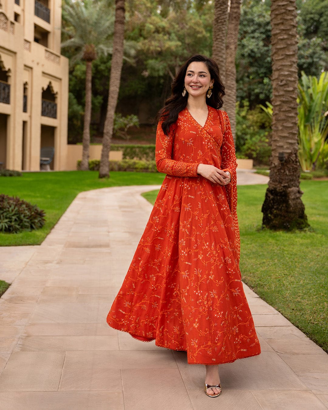 FAIZA SAQLAIN-FROCK 3PC LAWN EMBROIDERED SHIRT WITH CHUNRI PRINTED EMBROIDERED DUPATTA AND TROUSER
