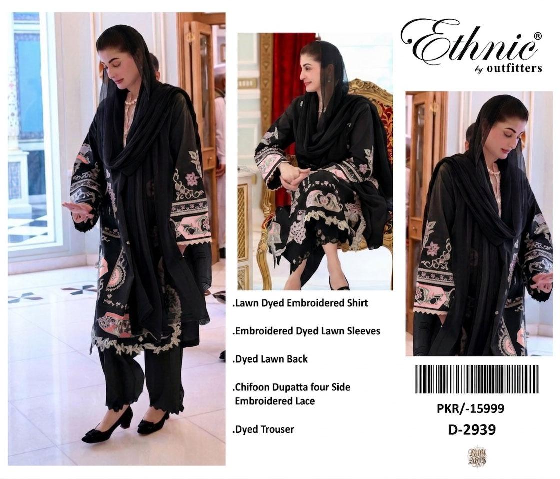 Maryam Nawaz shareef wearing black E4211 Lawn dyed embroidery shirt embroidery dyed lawn sleeves dyed lawn back