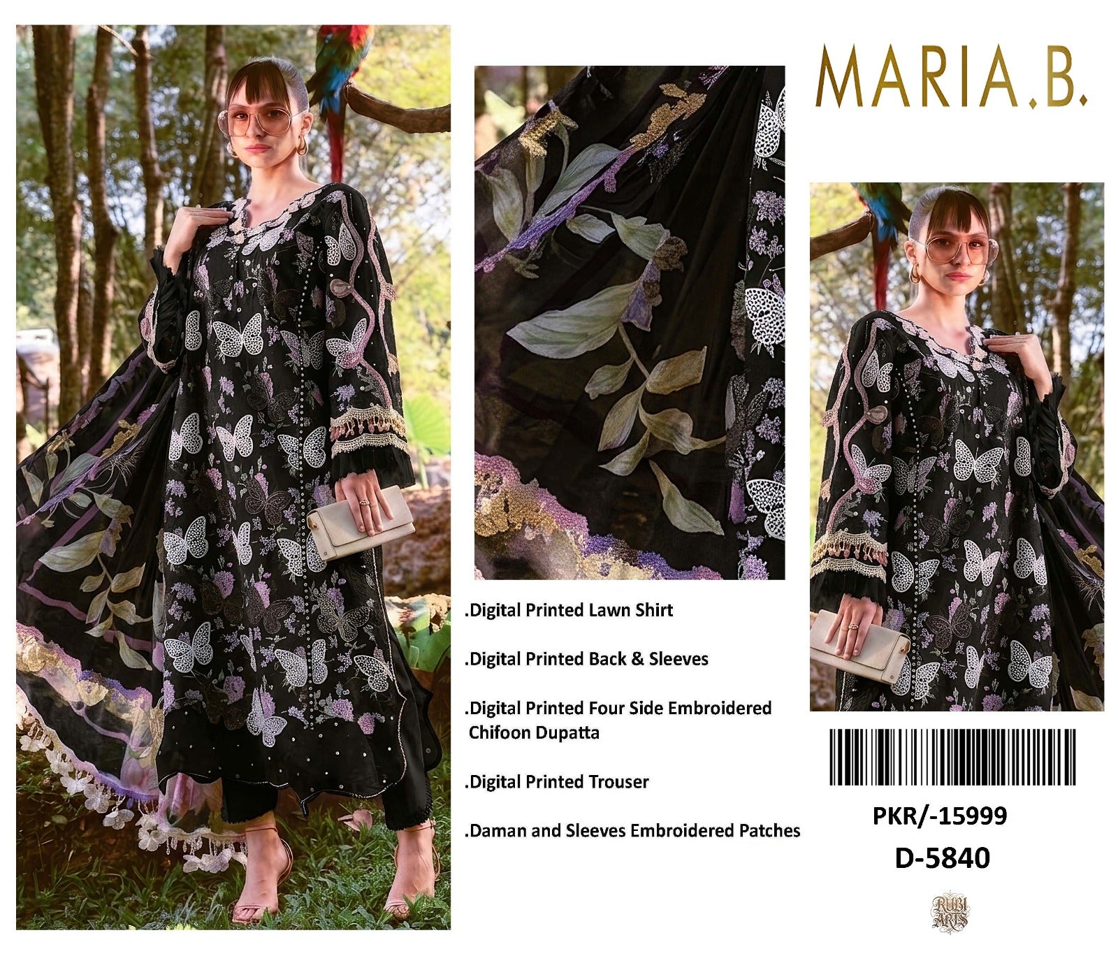 Maria B M-Print Lawn 3PC 2025 – Black | Heavy Embroidered Neckline & Chiffon Dupatta