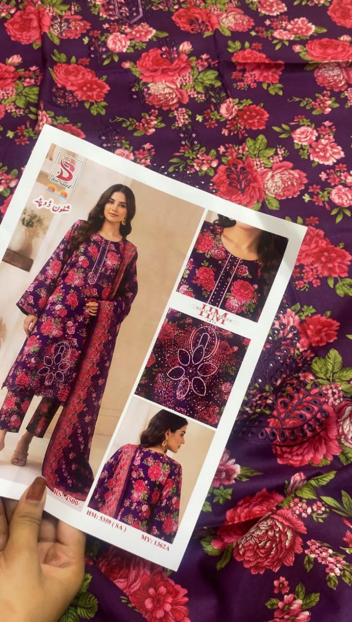 3pcs Lawn summer special article Embroidery lawn with light chickenkari chaffion duppta print toruser luxury cod